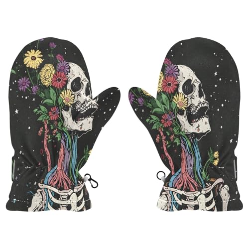 Kid's Winter Gloves Children Warm Gloves Skeleton Holding Flowers for Boys Girl Age 2-4 Years