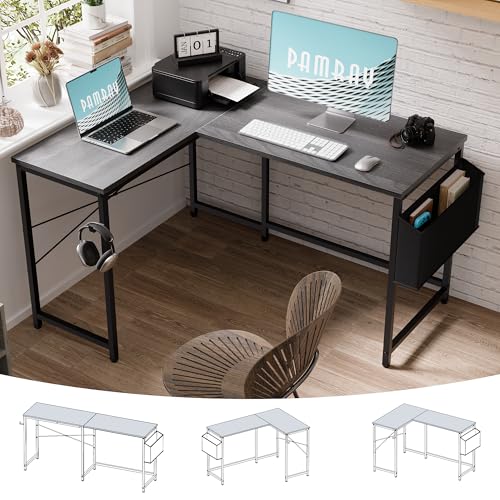 Image of Pamray 47 Inch Reversible L Shaped Gaming Desk Corner Computer Desk with Storage Bag Home Office Table for Writing Study Grey