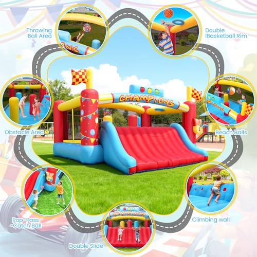 AKEYDIY Große Hüpfburg für Kinder - Aufblasbare Rutsche mit Kletterwand und Basketball - Rennthema Spielcenter für Garten - Komplettset mit Gebläse (XL Hüpfburg)