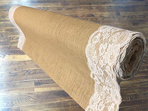 AAYU 75 ft Burlap Wedding Aisle Runner 40 inch with 5 inches Ivory lace | Rustic Floor Carpet, Weddings Walkway Decorations Natural Jute (40 Inch x 75Feet Extra Long)