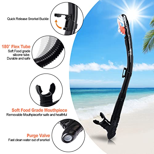 Snorkel Set Pano 3 Window Adult Snorkeling Gear, Professional Snorkel Goggles Anti-Fog Diving Mask, Anti-Leak Swim Goggles and Dry Top Snorkel for Diving, Snorkeling, Swimming (Black)