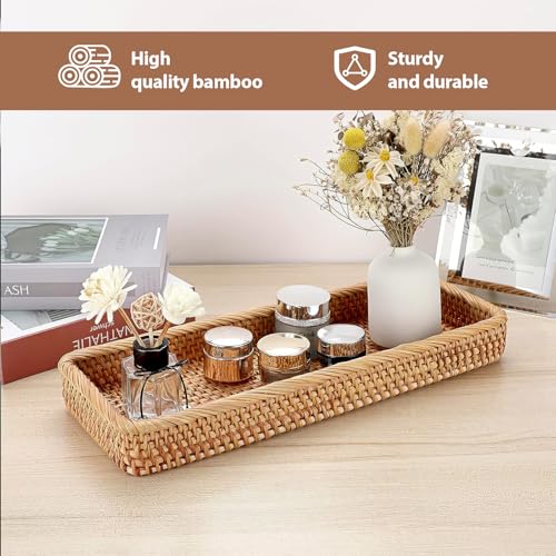 Rechteckiges Rattan Brotkorb Geflochten - Kosmetik Aufbewahrungskorb für Badezimmer, natürlich gewebte Servierplatte 27.5 x 11 x 4cm- Deko Aufbewahrungsschale für Make-up, Accessoires Deko