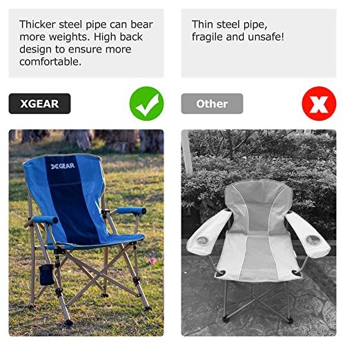 Xgear Camping Chair With Padded Hard Armrest, Sturdy Folding Camp Chair With Cup Holder, Lawn Chair Back W Mesh Storage Bag, Support To 400 Lbs (Blue With Dark Blue) #TOP4