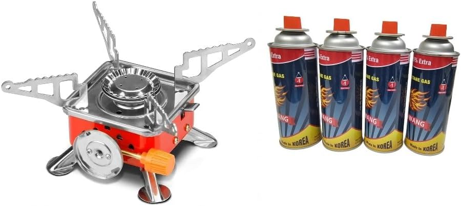 - Portable Butane Gas Burner/Stove For Camping With 4 Pc Butane Can Picnic Folding Stove With Storage Bag - Alloy Steel