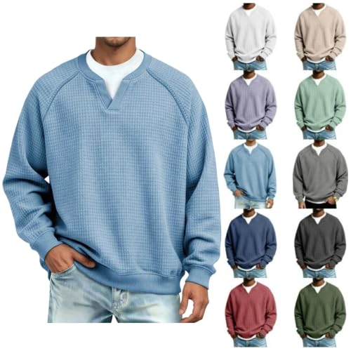 XINGJIAARTS Waffle Knit Long Sleeve Men Pullover Long Sleeve V Neck Oversized Sweatshirt Loose Fit Basic Tops Fashion Clothes Sky Blue Small - image 1