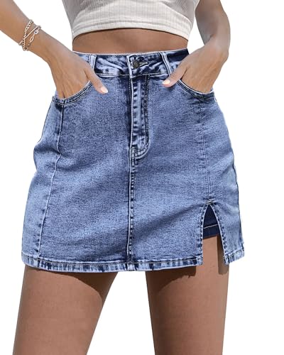 luvamia Skorts Skirts for Women Denim Mini Skirt Side Slit with High Waisted Jean Shorts Stretchy Womens Skort High Waisted Jean Shorts Bay Blue X-Large Size 16-18
