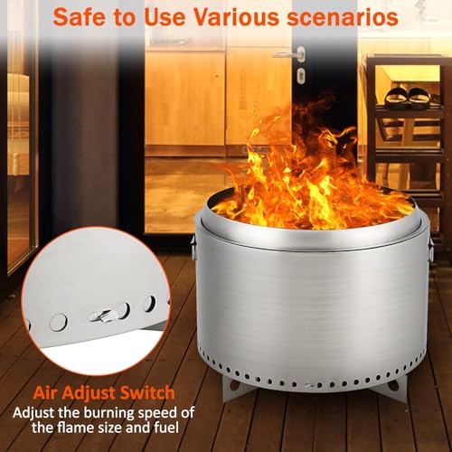 GarveeHome 20.5" Smokeless Fire Pit with Air Switch, Wood Burning Portable Stainless Steel Outdoor Firepit with Stand & Stove Hook,Removable Ash Pan, for Camping Backyard Patio Picnic
