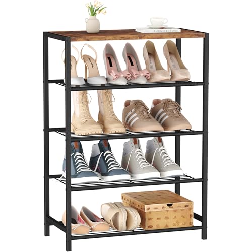 Image of HOMEFORT 5-Tier Shoe Rack, Shoe Storage Shelf with MDF Top Board, Shoe Rack Organizer, Each Tier Fits 3 Pairs, Entryway Shoe Stand with Sturdy Shelves, Rustic Brown