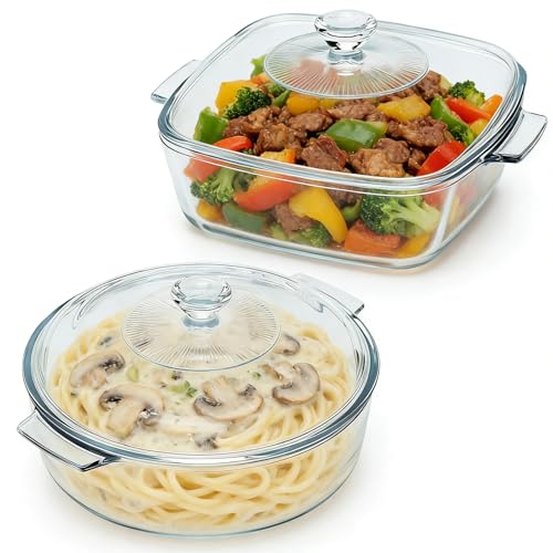 2er Set Auflaufform mit Deckel und Griff, 1,5L Quadratisch & 1,7L Rund, Glas Backformen für Ofen und Mikrowelle, Klare Bleifreie Glas BackformGlasbräter mit Glasdeckel zum Backen und Kochen