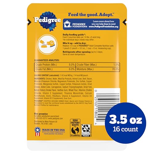 Image of Pedigree Chopped Dinner Wet Dog Food Pouch, Beef & Bacon, 3.5 oz, 16 Count