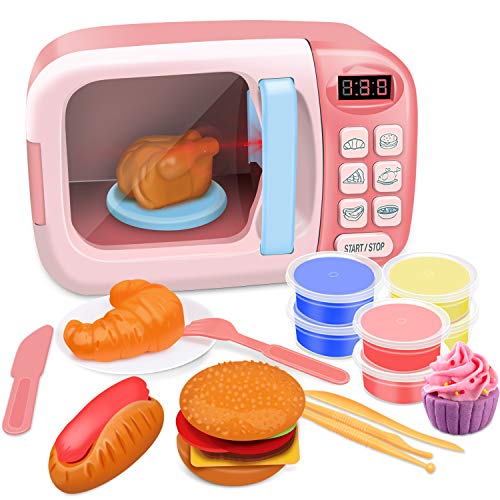 GrowthPic Kitchen Toy Microwave for Kids Electronic Pretend Play Oven Toy Play Set with Play Food and Play Dough for Toddler Boys and Girls 3 4 5 6 Years Old - Pink