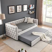 Modern Trundle Daybed, Beige Tufted Linen Fabric, Twin over Twin, No Box Spring Needed