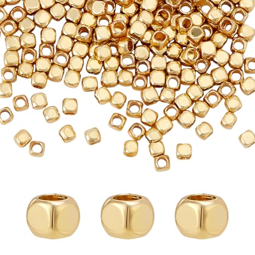 PH PandaHall 200 cuentas espaciadoras de cubo de 2 mm, chapadas en oro de 18 quilates, cuentas cuadradas sueltas y espaciadoras suaves para pulseras apilables, collares, manualidades