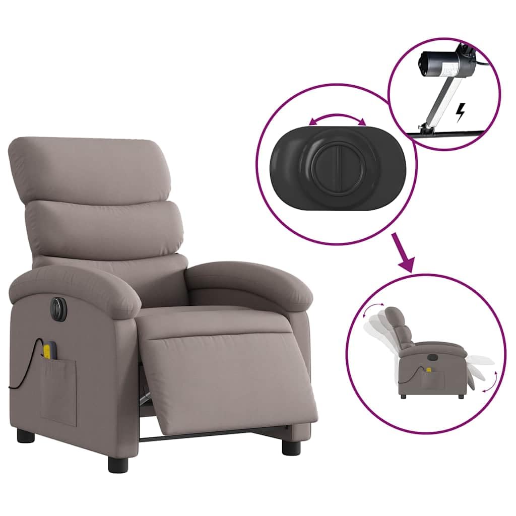 Massagesessel elektrisch mit 6-Punkt-Vibrationsmassage Taupe Stoff, verstellbare Rückenlehne und Fußstütze, bequemer Polsterstuhl mit Holz Metall Gestell, ideal für Wohnzimmer, Büro