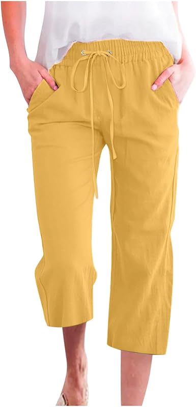 maisdgop Yoga Pants Women Fashion Solid Color High Waist Capris Elastic Drawstring Pant with Pockets Sports Running Capri
