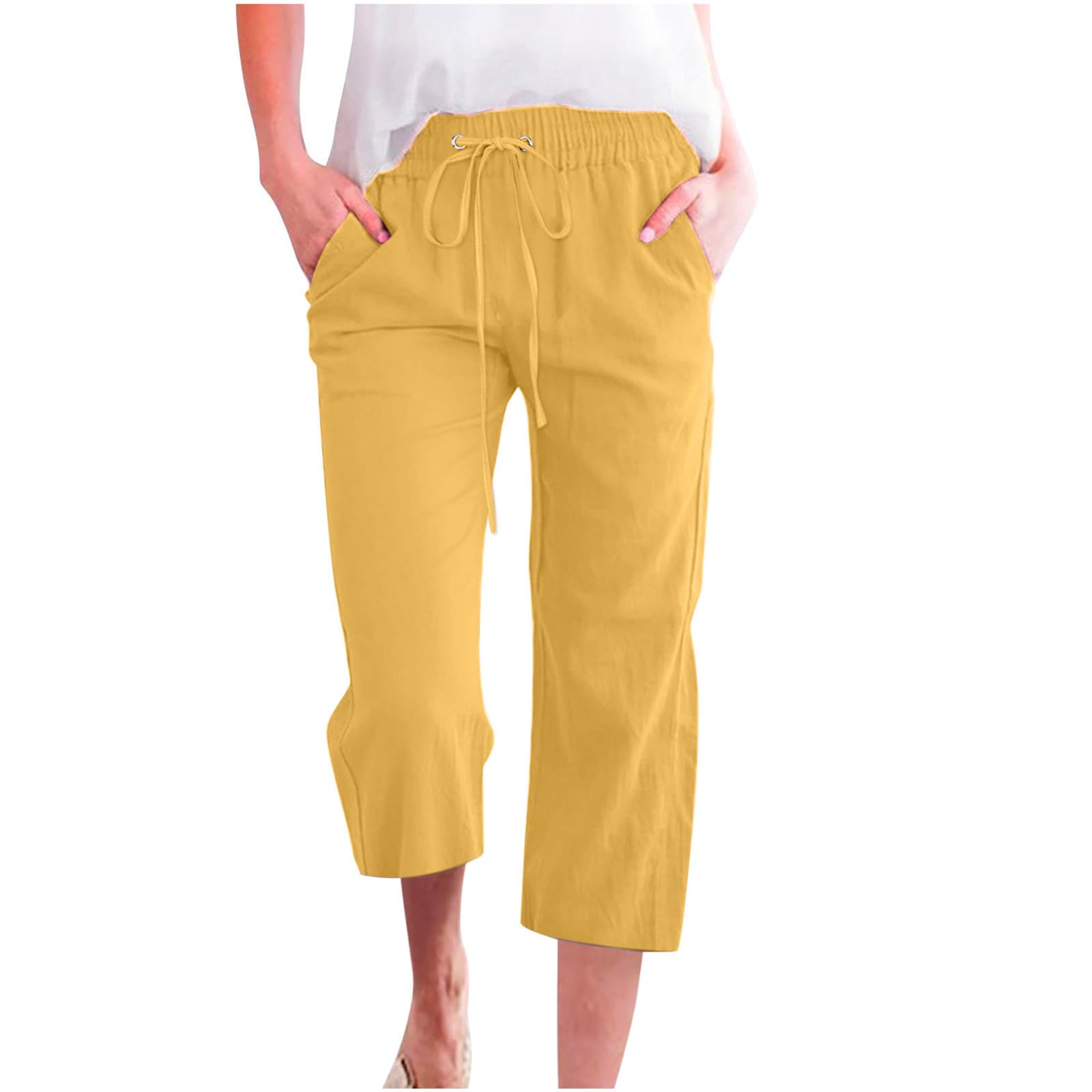 Leinenhose Damen Sommer 3/4,Baumwolle Leinen Stoffhose Leicht Atmungsaktiv Yogahose Einfarbig Lässig Caprihose Weites Bein Hosen mit Taschen Elastische Bequeme Sommerhose Weich Sporthose für Frauen