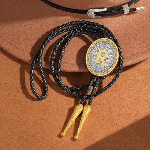 Image of HUABOLA CALYN Bolo tie for Men, Western Cowboy Golden Alphabet Initial Letter ABCDJMR to Y Costume Bolo ties Neckties