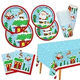 Picture of Christmas Party Supplies - Christmas Santa-Themed Disposable Paper Plates, Napkins and Cups Set with Waterproof Plastic Tablecloth - Perfect Party Decorations，Serve 25