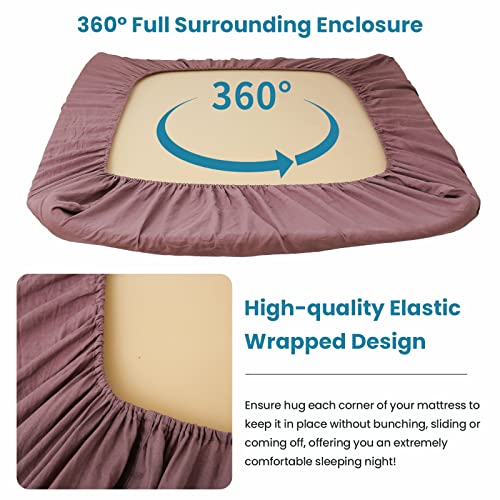 King Linens 100% Linen Fitted Sheet Stone Washed Solid Color - (1 Piece) 14 Inch Deep Pocket Mattress Cover Soft Natural Breathable Farmhouse - Purple, Full Size #TOP2