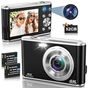 Digitalkamera, AutoFocus 4K Fotoapparat Digitalkamera mit Dual-Kamera mit 32GB Speicherkarte HD 48MP 16X Digitalzoom 2,8″ großem Bildschirm Kompaktkamera Fotokamera für Einsteiger（Schwarz）