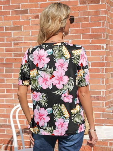 ZXZY Women Hawaiian Print Puff Short-Sleeve Bow Tie V Neck Dressy Tops T-Shirt Blouse2