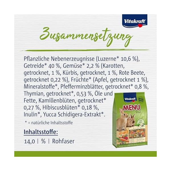 Vitakraft Menu Vital, Hasenfutter für Zwergkaninchen, mit Luzerne und Apfel, angereichert mit Kräutern, Förderung der Verdauung, ohne Zusatz von Zucker und Getreide (1x 5kg) – Bild 7