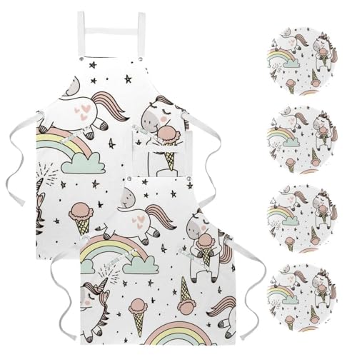 Lot de 2 tabliers de cuisine Licorne et Crème avec 4 broches