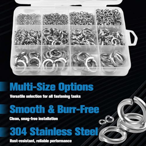 LEONTOOL 1000 Pcs Spring Lock Washers Assortment Kit Metric Split Lock Washer Set for Fasteners Hardware Repair 304 Stainless Steel Locks Washers for Screws Bolts M2 M2.5 M3 M4 M5 M6 M8 M10 M12
