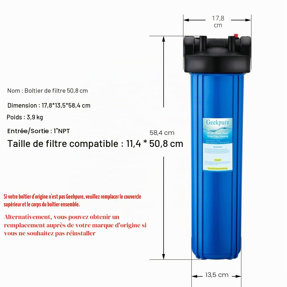 Geekpure Boîtier de filtre à eau pour toute la maison 20 pouces Sortie/entrée 1 pouce avec clé et support-4,5"x 20"-bleue (1)