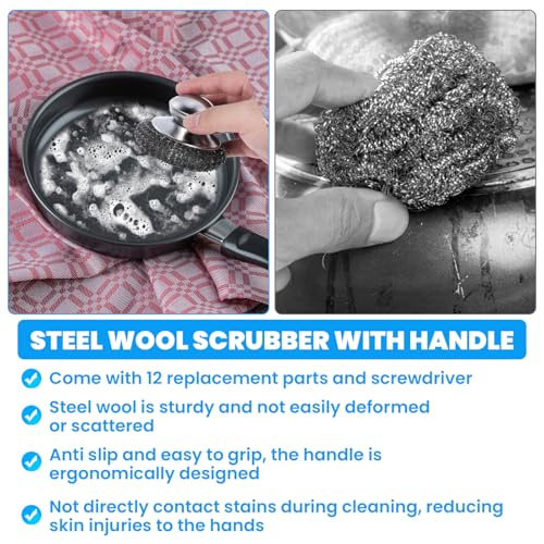 Image of 4 Pcs Steel Wool Scrubber with Handle Heavy Duty Metal Pot Scrubber Brush 16 Pcs Stainless Wool for Cleaning Dishes Pans Steel Scouring Pad for Kitchen Cast Iron Sink Griddles Grills