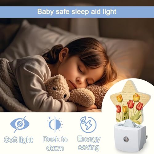 Image of Vintage Tulips Nightlight,Spring Flowers Star Night Lights Plug into Wall Decorations for Bedroom Bathroom,Dusk to Dawn Sensor Kitchen Hallway Stairs Energy Efficient Desk Lamp