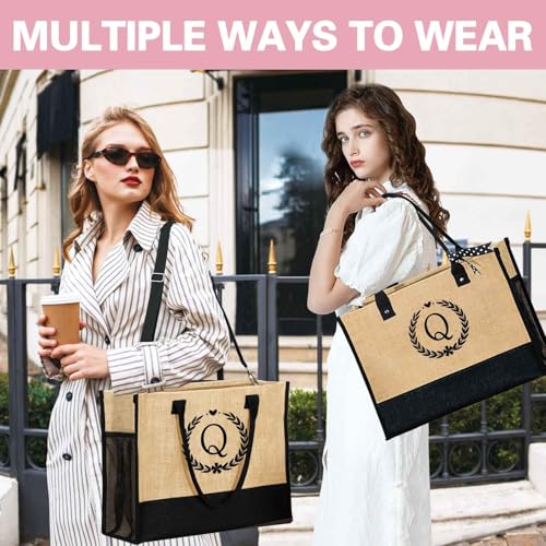 Image of GhvyenntteS Gifts for Women - Initial Jute Tote Bag & Makeup Bag, Valentines Day Gifts for Her Teacher Mom Wife Friend Birthday