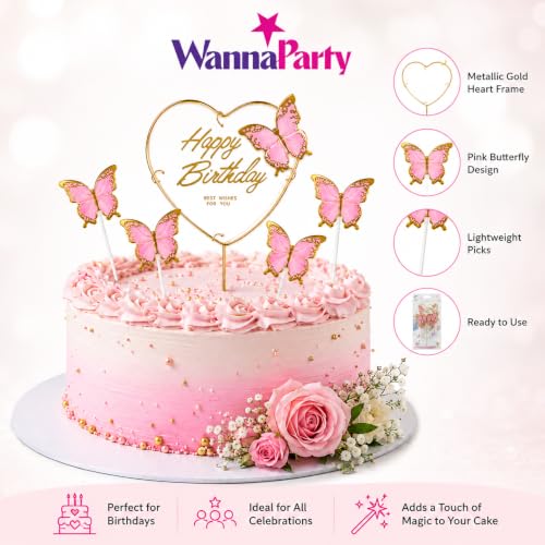 Image of Wanna Party Happy Birthday Cake Topper with Pink Butterflies, 5 Pcs Butterfly Cake Decoration Set for Birthday Cake, Cupcake, Dessert Table, Party Decor & Celebration Supplies