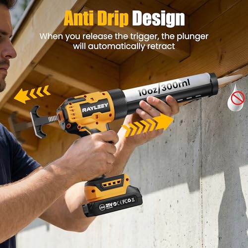 Electric Caulking Gun, Battery Powered Caulk Gun with 2 x 2000mAh Batteries, 9pcs Caulk Remover Tool, 6 Adjustable Speeds, Dripless Auto Retract, LED Light Silicone Gun for Filling, Sealing by RAYLEEY - Image 3