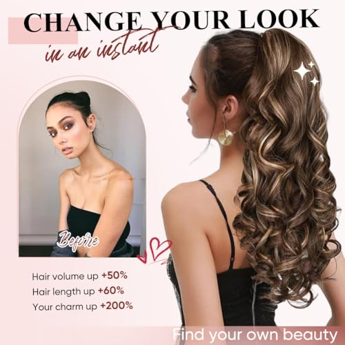 Image of 24 inch Ponytail Extension, Long Curly Wavy Claw Clip and Natural-Looking Synthetic Hairpiece, Voluminous Hair Extensions for Women Daily Wear. (Chestnut Brown with Golden, 24Inch)