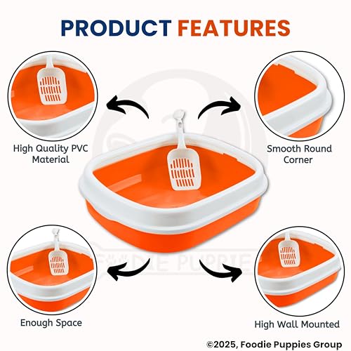 Image of Foodie Puppies Cat Litter Box Tray with Rim and Scooper - (Orange) (Large, 46 x 38 x 13 cm) | Semi-Closed Design and Durable Quality | Pet Litter Sand Tray Suitable for All Adult Cats & Kittens