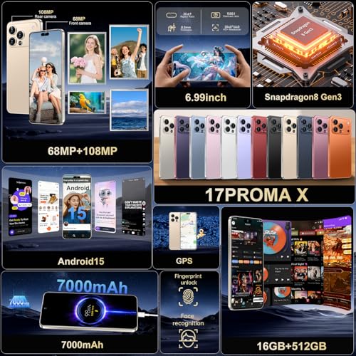 Image of Ecshock 17PM Unlocked Phone | Cell Phone Android 15.0 | 16+512GB Smartphone| 6.99 inch HD Display | Long Battery Life 7000mAh | 68+108MP Zoom Camera| Fingerprint Lock | with Dual SIM (Gray)