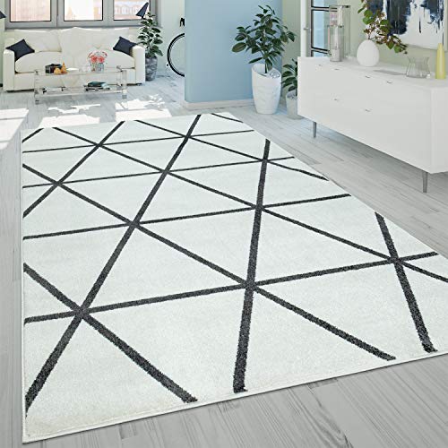 Paco Home Alfombra de salón de Pelo Corto, Estilo escandal, con Estampado de Rombos, Color Blanco, tamaño: 60 x 100 cm