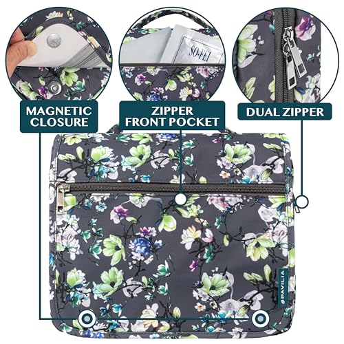 PAVILIA Hanging Toiletry Bag Women Men, Foldable Cosmetic Organizer Travel Bag, Water Resistant Makeup Bag Toiletries, Large Travel Essentials Kit (Grey Floral) - Thumbnail 3