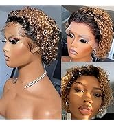 Pixie Cut Wig Human Hair 1B/27 Curly Lace Front Wigs for Black Women Human Hairu Ombre Honey Blon...