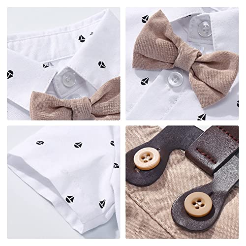 Volunboy Baby Boy Formal Short Set Toddler Summer Gentleman Outfit Kid Short Sleeve Bowtie Shirt Suspender Shorts Suit (White+Khaki, 12-18 Months)