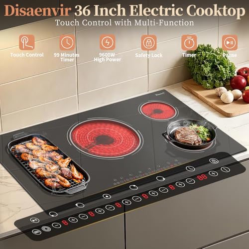 Image of Electric Cooktop 34.25 Inch(Cut-out Size: 34.25 inchx19.3 inch) - 5 Burner Electric Stove Powerful 9600W, 36 Inches Built-in Ceramic Stove with 3900W Flexible Zone, Timer, Lock, 220V Hard Wired