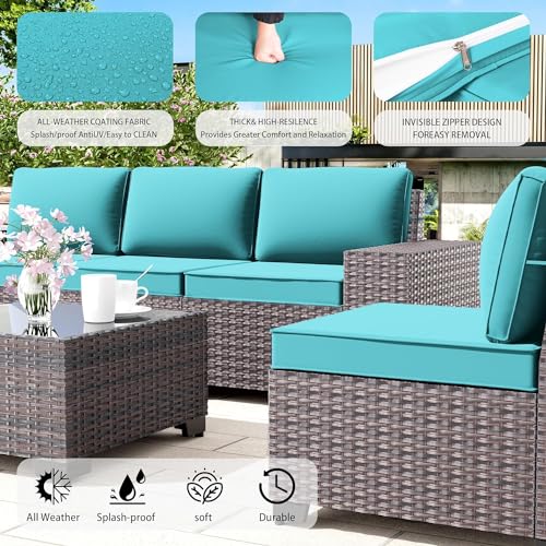 Image of 6 PCS Outdoor Patio Furniture Set,Outdoor Sectional Furniture All Weather PE Rattan Wicker Patio Conversation Set with Coffee Table and 5 Thickened Cushions,Turquoise Blue