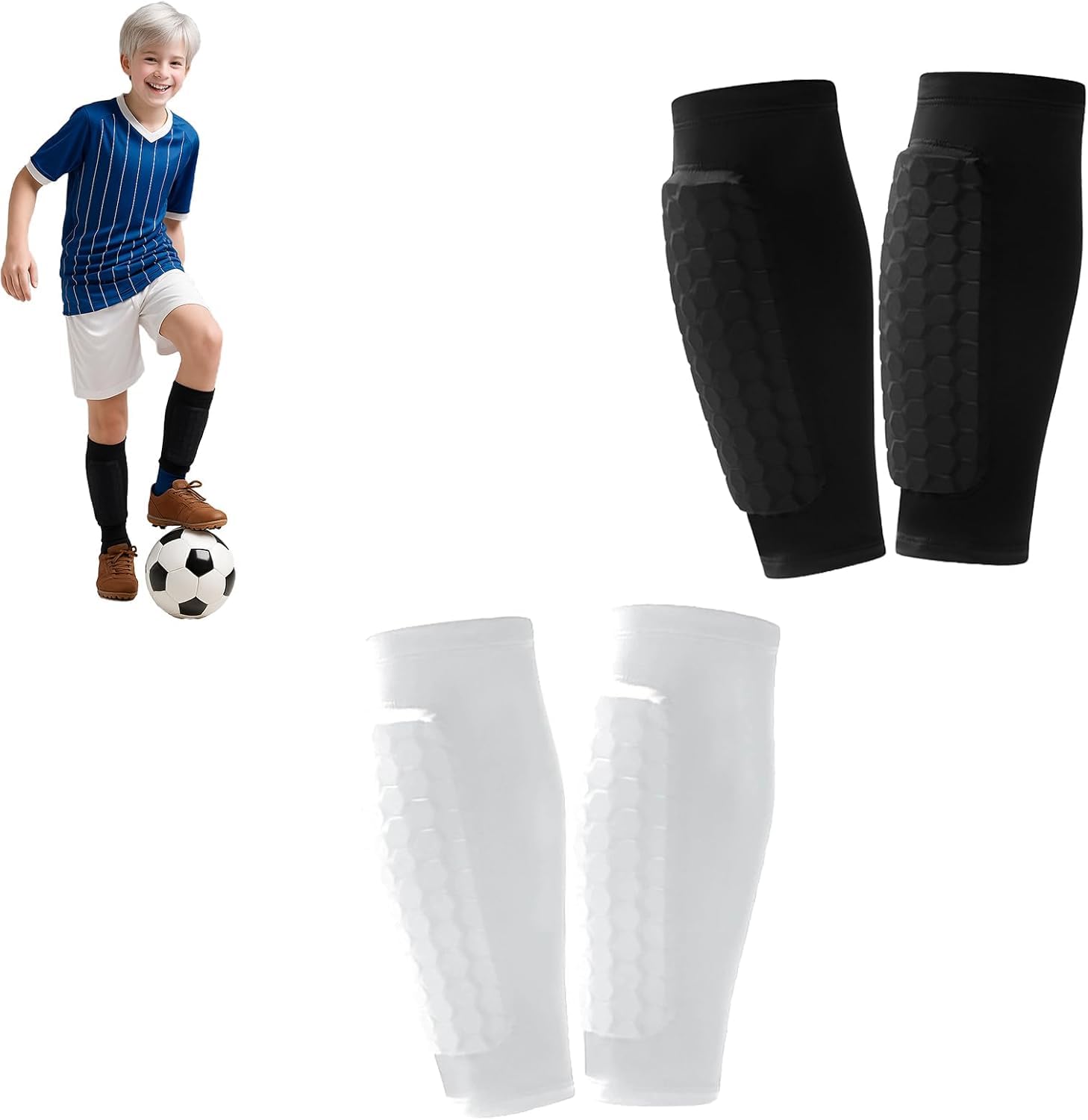 Football Shin Pads, Breathable Shin Defender with Honeycomb Pads, Impact Absorption, Non-Slip, Lightweight Shin Guard Sleeves, Football Soccer Leg Protector for Kids, Men and Women