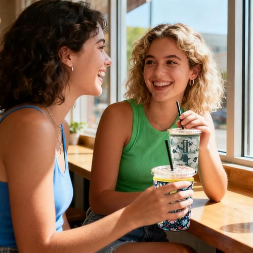 Image of Reusable Iced Coffee Cup Sleeve Insulator for Cold Beverages and Neoprene Cold Coffee Cup Sleeves Cooler Cover 16-32OZ for Coffee Cups, McDonalds, Dunkin Donuts, More(Floral green)