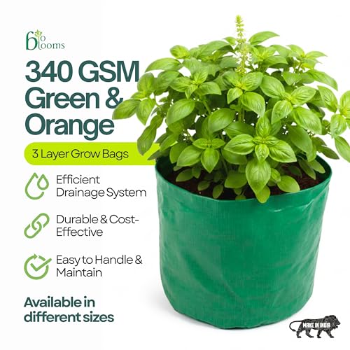 Image of Bio Blooms Round HDPE Plant Grow Bag for Terrace & Kitchen Gardening | Pack of 5 | 18x12 | 200 GSM Heavy Duty Outdoor Grow Bag | Durable Planter for Vegetables, Flowers & Plants | Green & Orange