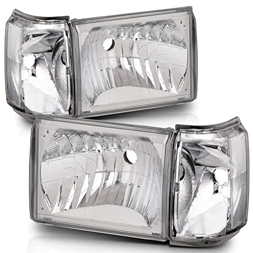 M-AUTO Left&Right Headlight Lamp Assembly Compatible with 1987 1988 1989 1990 1991 Ford Bronco F-150 F-250 F-350 Truck, OE Style Chrome/Clear Signal Headlamps