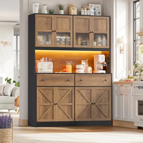 FINETONES 71\" Pantry Cabinet with LED Light and Charging Station, Farmhouse Kitchen Pantry Cabinet with Microwave Stand, 47.2\" Wide Kitchen Hutch Food Pantry with Open Countertop, Black/Brown