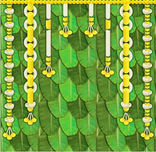 Image of Banana Leaves Backdrop Cloth for Decorations Pooja | Green Arati Aaku Layered & White Jasmine Garland Festive Screen Decoration | varalakshmi Pooja Decorations 5x5 feet