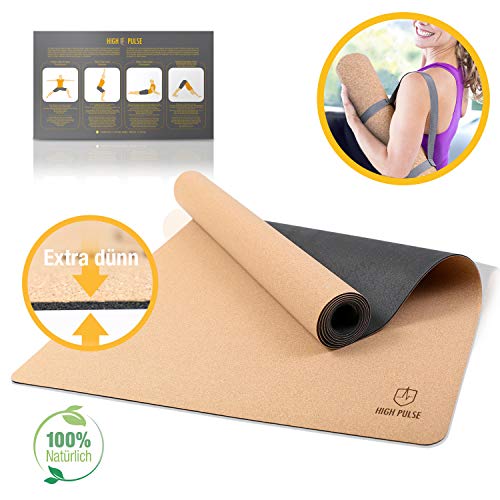 High Pulse Yoga Mat para viajes | De corcho y goma + cinturón de transporte | Extra fina, ligera y plegable  Esterilla antideslizante para yoga, pilates y fitness en viajes  100% sostenible